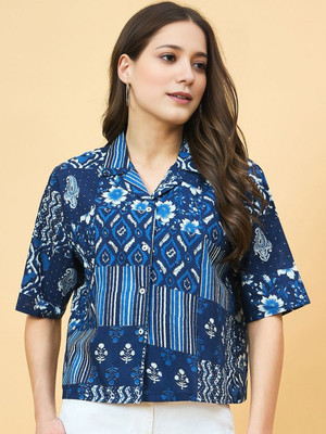 GRESIA Women Geometric Print Casual Blue Shirt