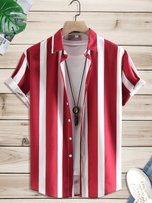 J B Fashion Men Striped Casual Red, White Shirt