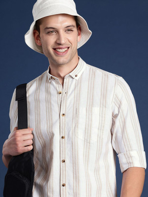 Mast & Harbour Men Striped Casual Khaki Shirt