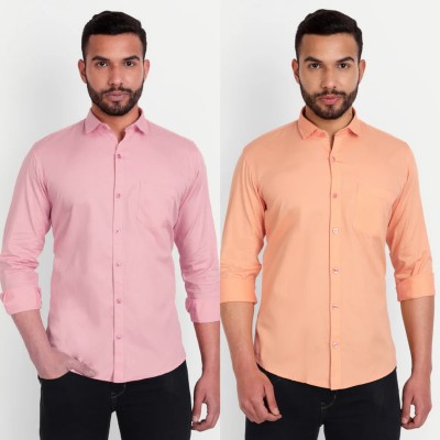 Rajmudra Men Solid Formal Pink, Orange Shirt(Pack of 2)