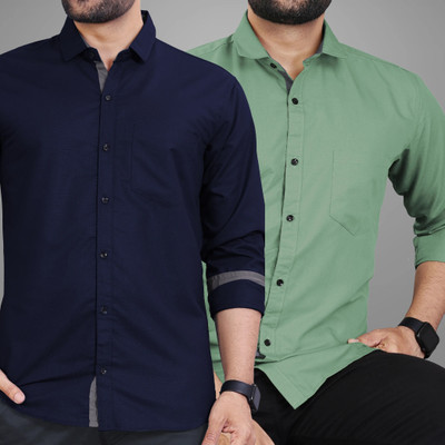 BROWEARS Men Solid Casual Dark Blue, Light Green Shirt(Pack of 2)