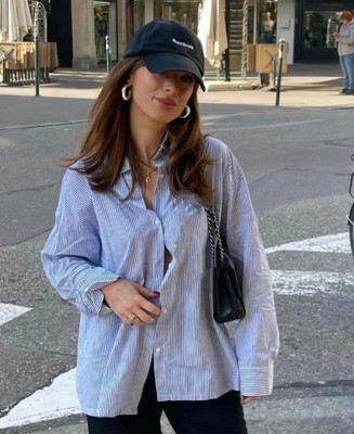 BNS Women Striped Casual Blue Shirt