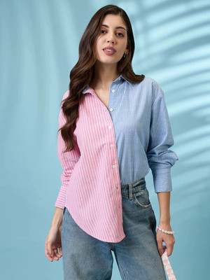 Globus Women Color Block, Striped Casual Blue, Pink Shirt