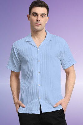 A DEEMOON TREND Men Striped, Self Design, Solid Casual Light Blue Shirt