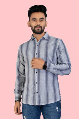 Frenfine Fashion Men Striped Formal Grey Shirt