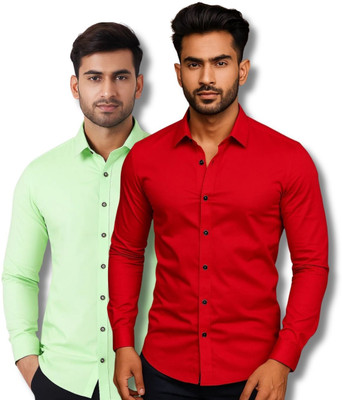 ClothTheory Men Solid Casual Light Green, Red Shirt(Pack of 2)