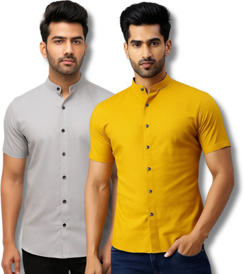 GOD HEART Men Solid Casual Grey, Yellow Shirt(Pack of 2)