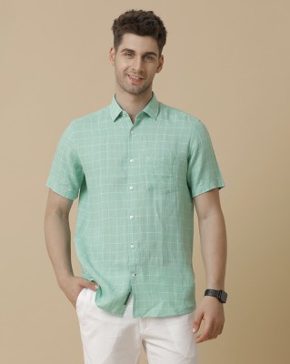 Linen Club Men Checkered Casual Green Shirt