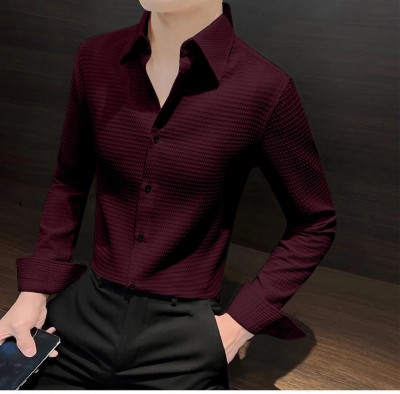 Fashionable Village Men Self Design Casual Maroon Shirt