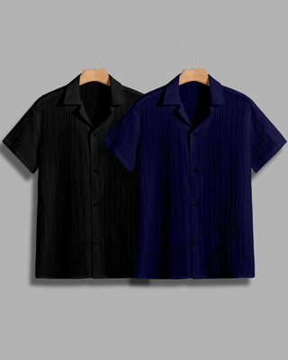 House of Vinay Men Self Design Casual Black, Dark Blue Shirt(Pack of 2)
