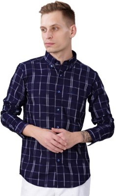 french crown Men Checkered Casual Dark Blue, White Shirt