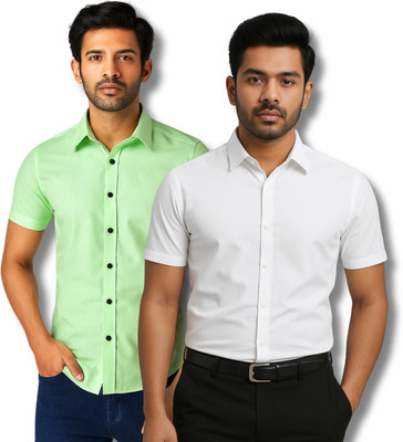 RAREMARK Men Self Design Formal Light Green, White Shirt(Pack of 2)