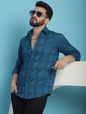 Indian Needle Men Checkered Casual Dark Blue Shirt