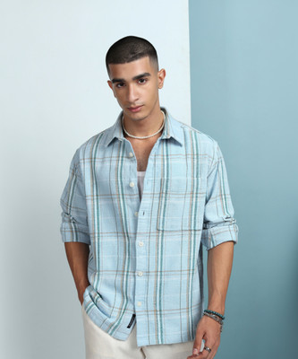 HIGHLANDER Men Checkered Casual Light Blue Shirt