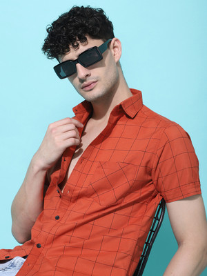 Voroxy Men Checkered Casual Orange Shirt