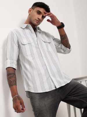 Showoff Men Striped Casual White Shirt