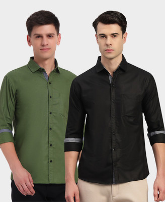 IMPRESIO Men Solid Casual Green, Black Shirt(Pack of 2)