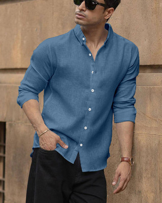 Yanthhi Men Solid Casual Dark Blue Shirt