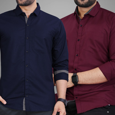 BROWEARS Men Solid Casual Blue, Maroon Shirt(Pack of 2)