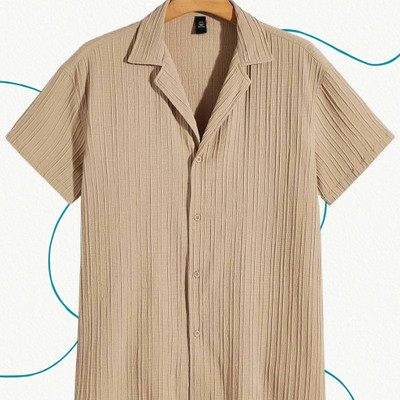 Looksky Men Self Design Casual Cream Shirt