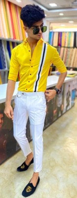 RAINBOWFASHIOSS Men Striped Casual Yellow Shirt