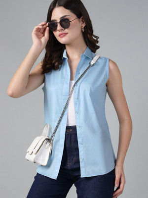 Hancock Women Solid Casual Light Blue Shirt