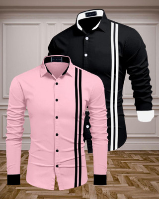 GAZZY CREATION Men Striped Casual Black, Pink Shirt