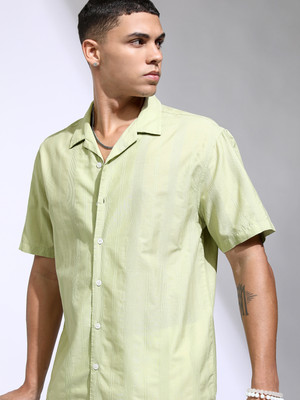 HIGHLANDER Men Striped Casual Light Green Shirt