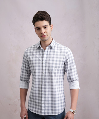 HIGHLANDER Men Checkered Formal White Shirt