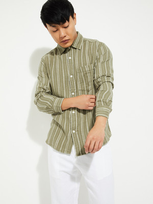 MAX Men Striped Casual Green Shirt