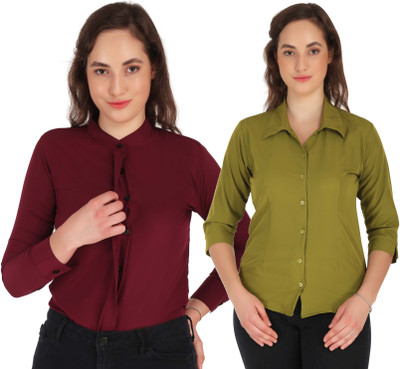 Miranga Women Solid Formal Maroon, Light Green Shirt(Pack of 2)