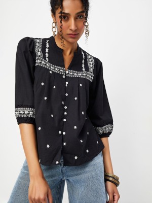 MAX Women Embroidered Casual Black, White Shirt