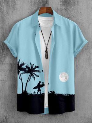 YUKAX Men Graphic Print Casual Light Blue, Black Shirt