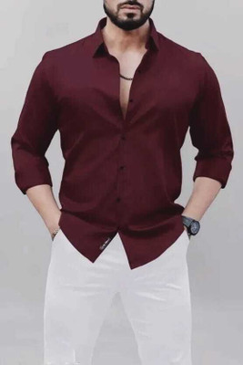 MUMIN Men Solid Formal Maroon Shirt