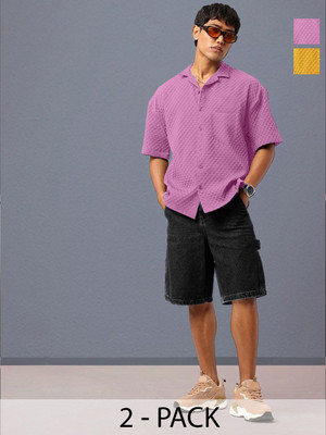 Moda Rapido Men Self Design Casual Purple, Yellow Shirt(Pack of 2)