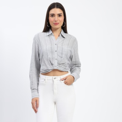 MADAME Women Striped Casual White Shirt