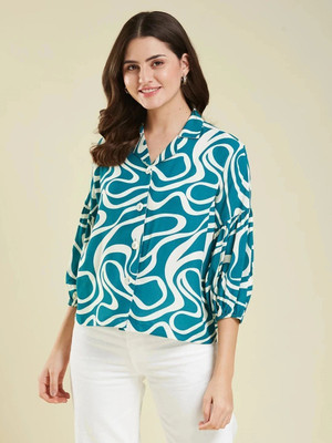J TURRITOPSIS Women Printed Casual Blue Shirt