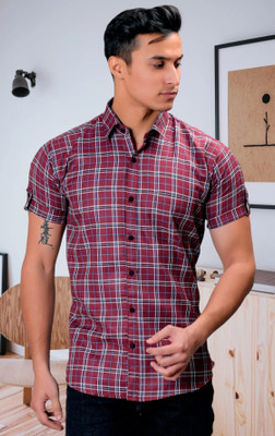 BASE 41 Men Checkered Formal Maroon Shirt