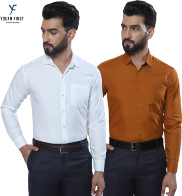 youth first Men Solid Formal Brown, White Shirt(Pack of 2)