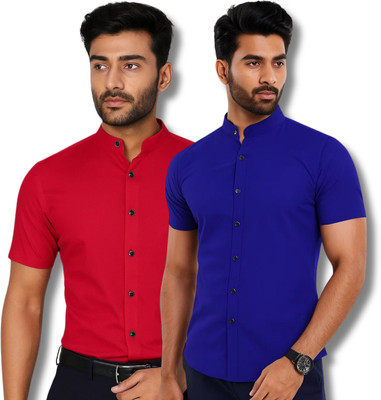RANGFIT Men Solid Casual Red, Dark Blue Shirt(Pack of 2)