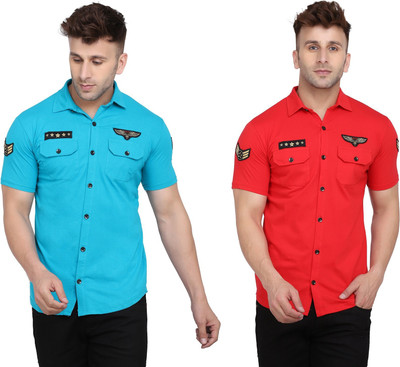 GEUM Men Solid Casual Light Blue, Red Shirt(Pack of 2)