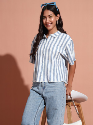 THE DRY STATE Women Striped Casual White, Blue Shirt