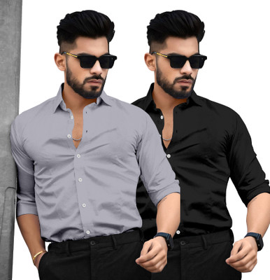 SAADIWALA Men Solid Casual Black, Grey Shirt(Pack of 2)