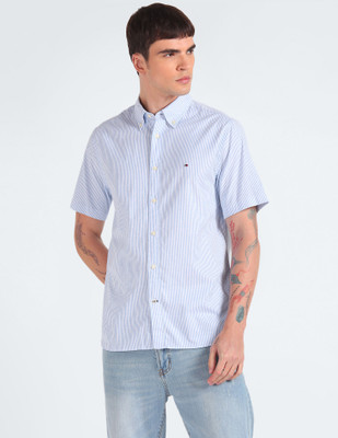 TOMMY HILFIGER Men Striped Casual Blue Shirt