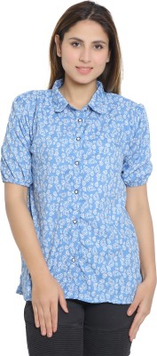 Divinelove Women Floral Print Casual Light Blue Shirt