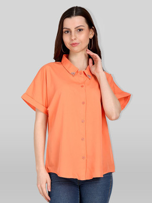 Azzurra Women Solid Party Orange Shirt