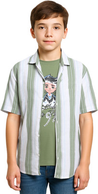 CAVIO Boys Striped Casual Green Shirt