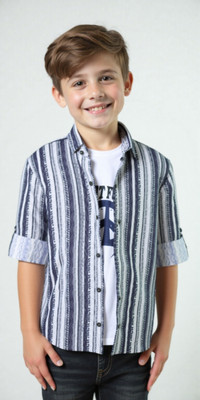 CAVIO Boys Striped Casual Dark Blue Shirt