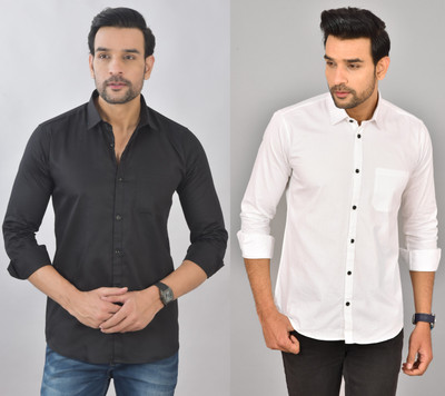 HEMS Men Solid Casual White, Black Shirt(Pack of 2)