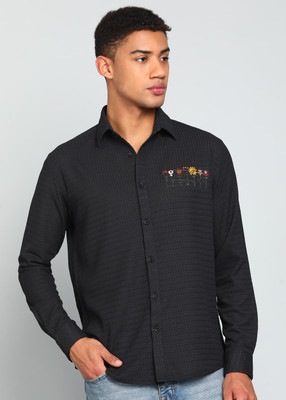 INDICLUB Men Self Design Casual Black Shirt